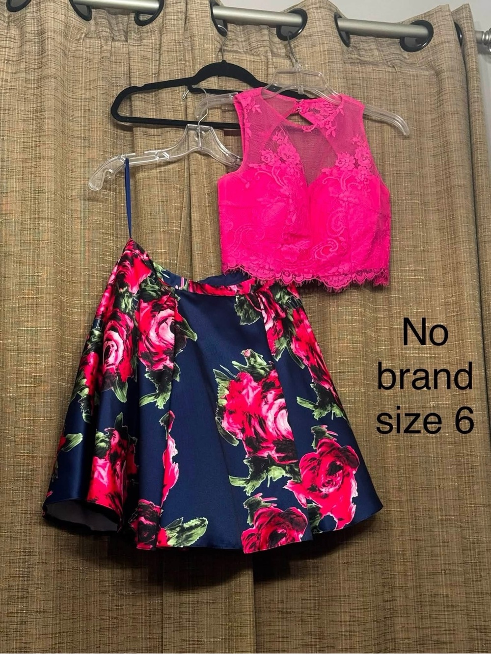 Hot Pink Lace Crop Top & Navy Floral Skirt Two-Piece Set